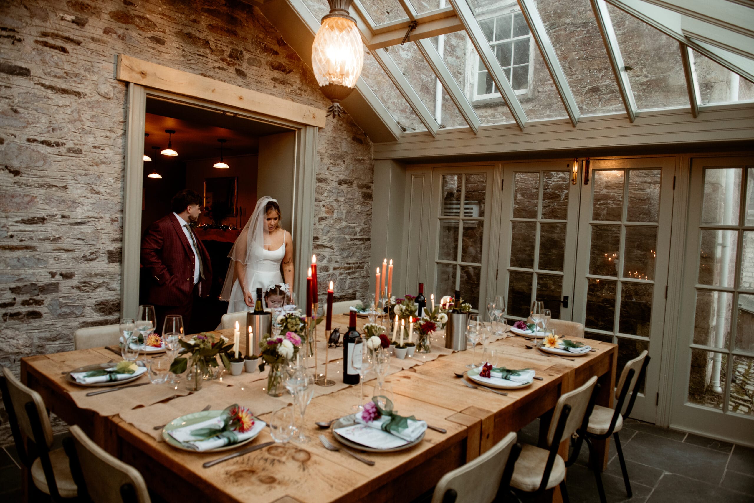 Wedding breakfast table setting in the Italian Garden conservatory at Lost Gardens of Heligan