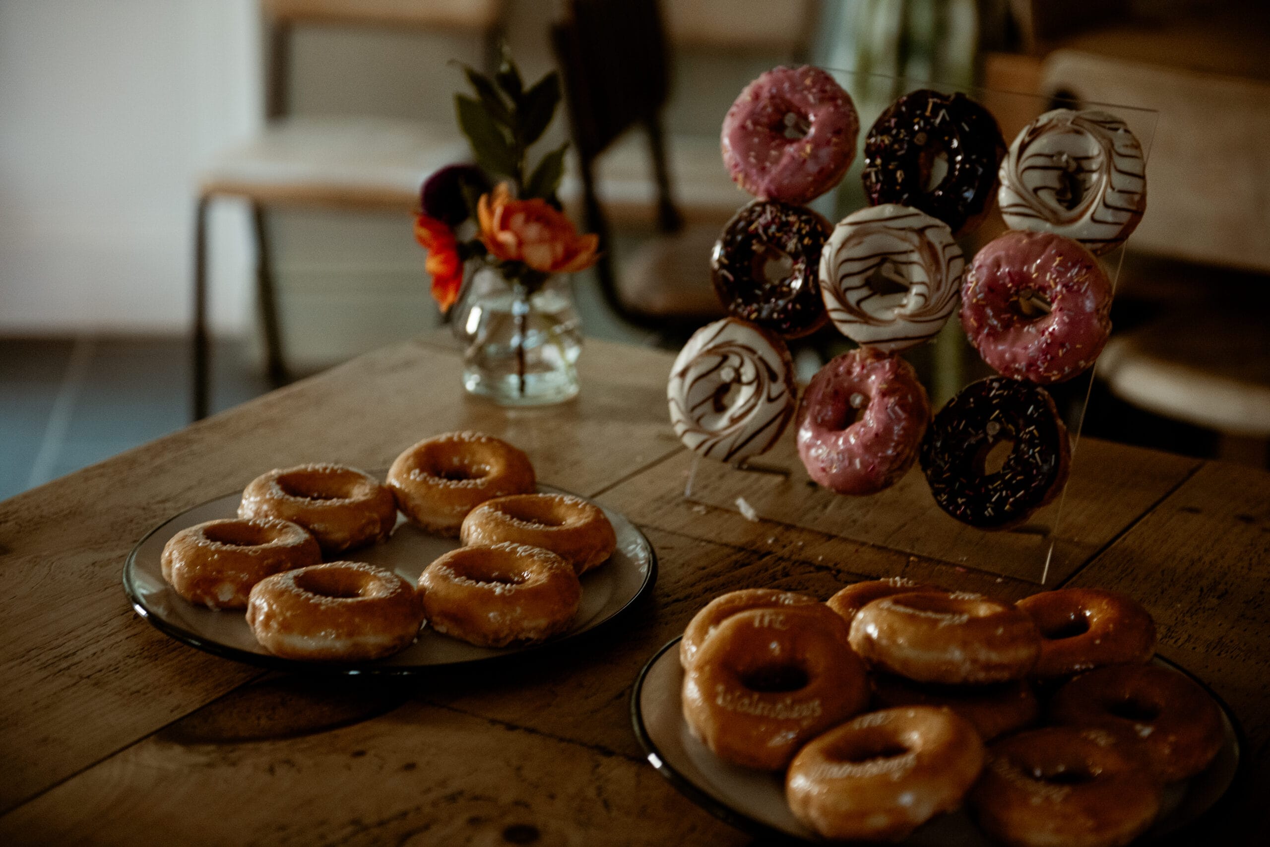 Wedding donut display with florals at Lost Gardens of Heligan wedding reception Cornwall